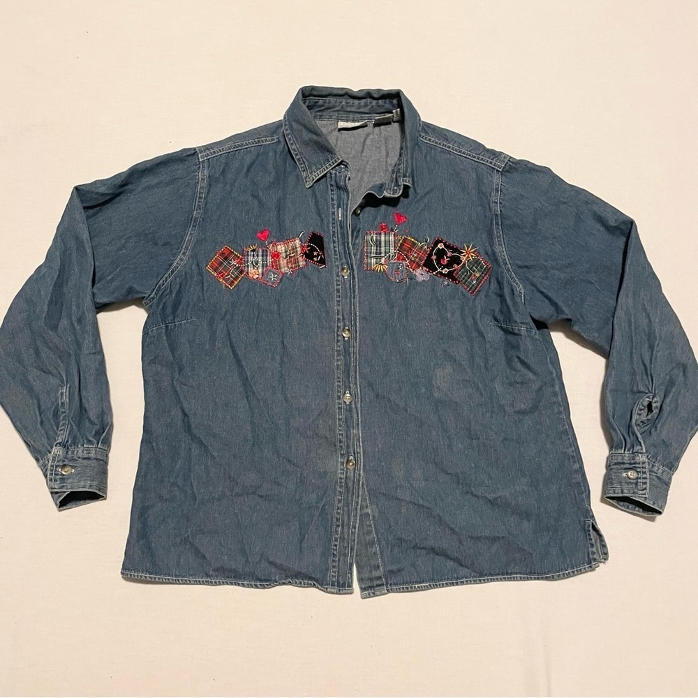 Cabin Creek Long Sleeve Button Up Denim Jeans Shirt Womens Size L Petites